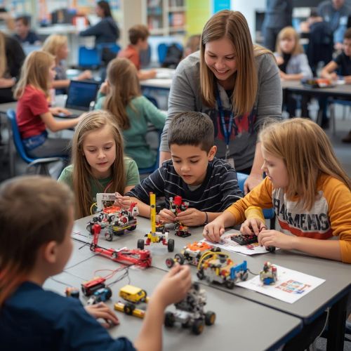 Students building robots in the lab